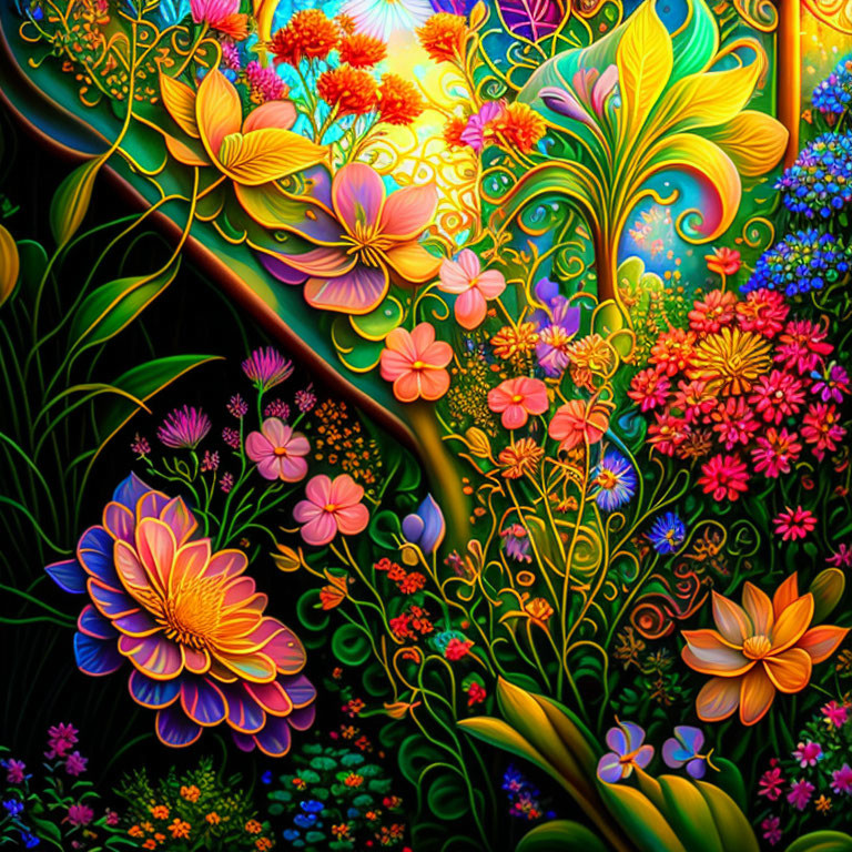 Colorful digital painting of flowers and plants with intricate patterns