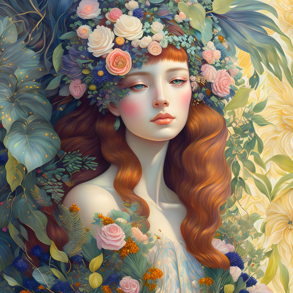 Illustration of woman with auburn hair and floral wreath in whimsical foliage