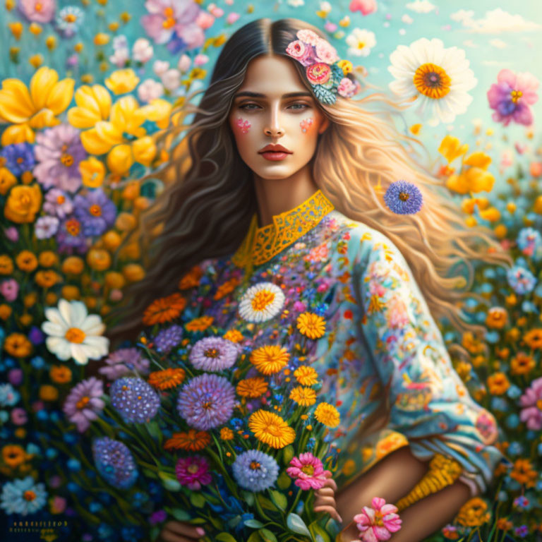 Woman with flowing hair in vibrant flower field wearing floral blouse