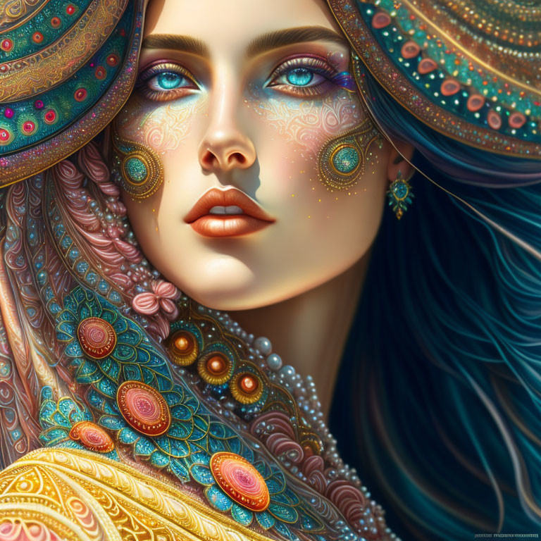 Colorful digital portrait of a woman with blue hair and intricate patterns on clothing and jewelry.