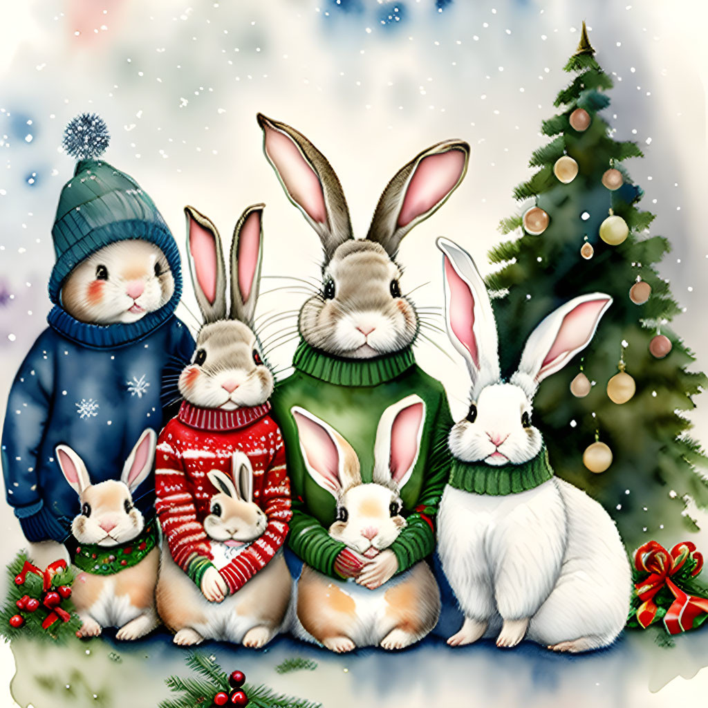 Adorable Winter-Themed Rabbit Illustration with Christmas Tree and Snowflakes