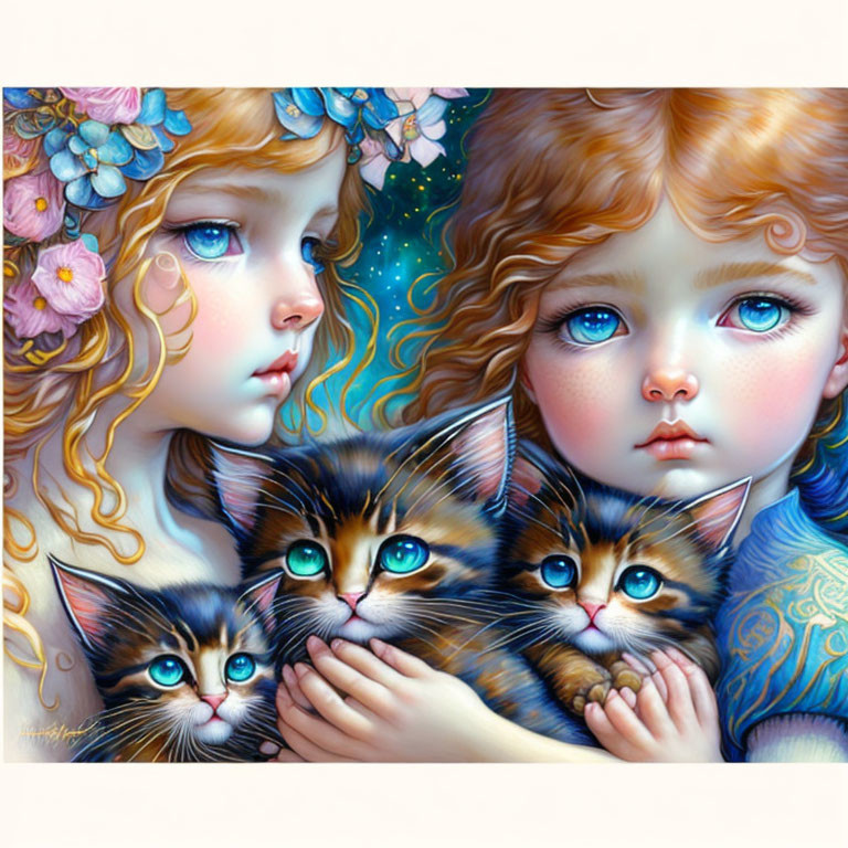 Illustrated young girls with expressive eyes holding kittens on starry backdrop