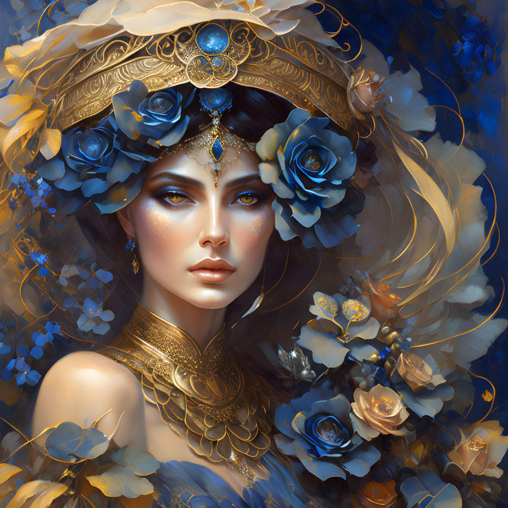 Mythical female figure with gold jewelry and tiara adorned with blue roses and gems