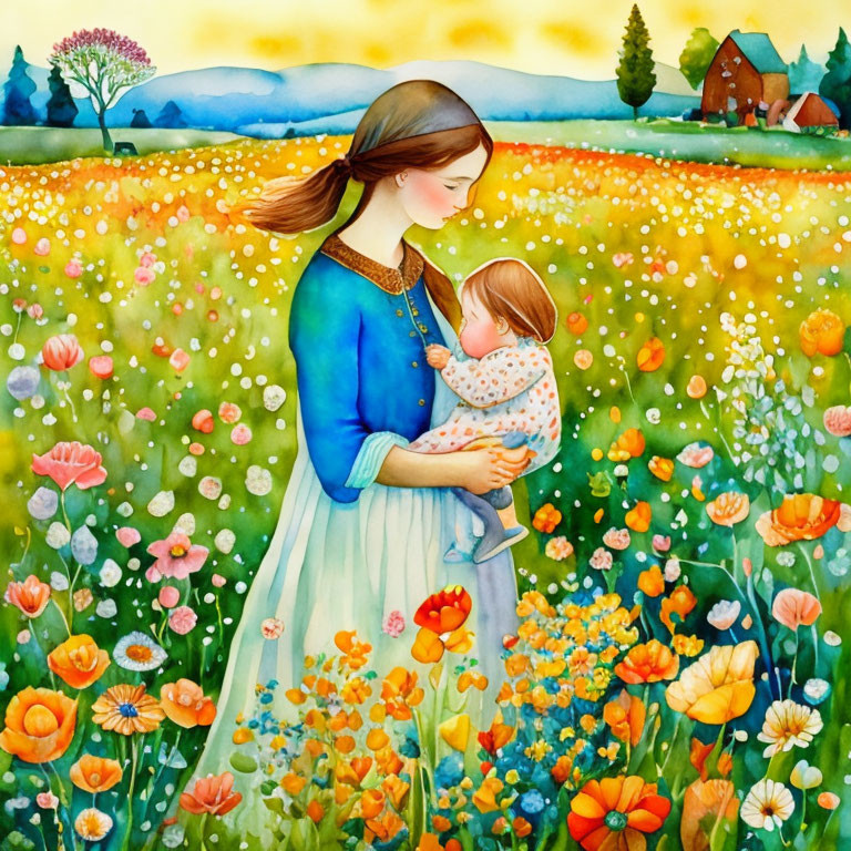 Vibrant illustration: Woman with baby in wildflower field