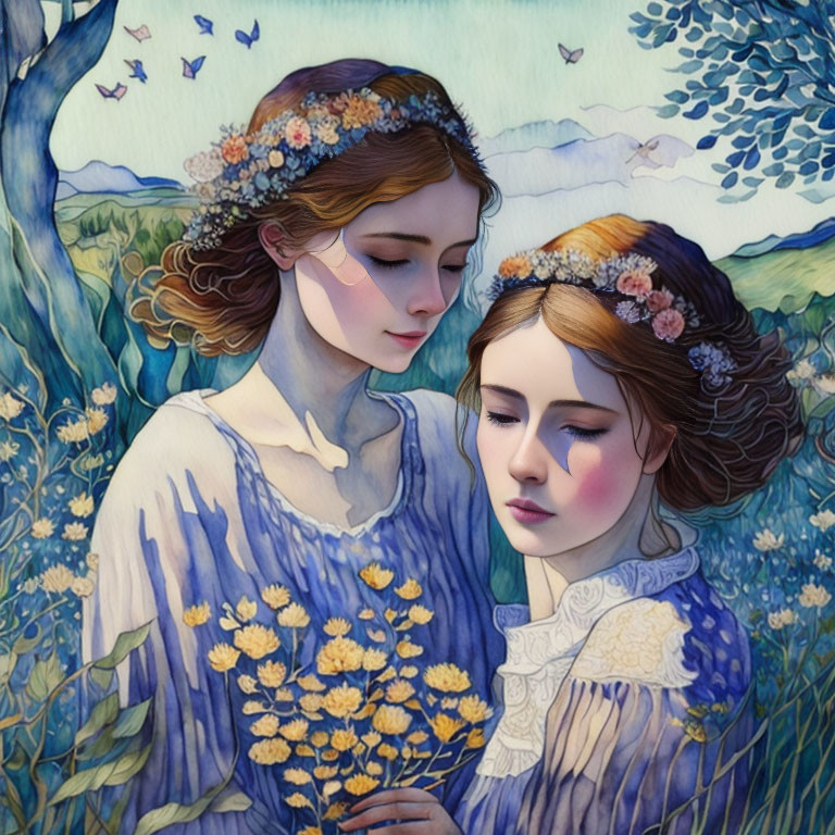 Two women with floral crowns in stylized nature setting with blue and yellow hues