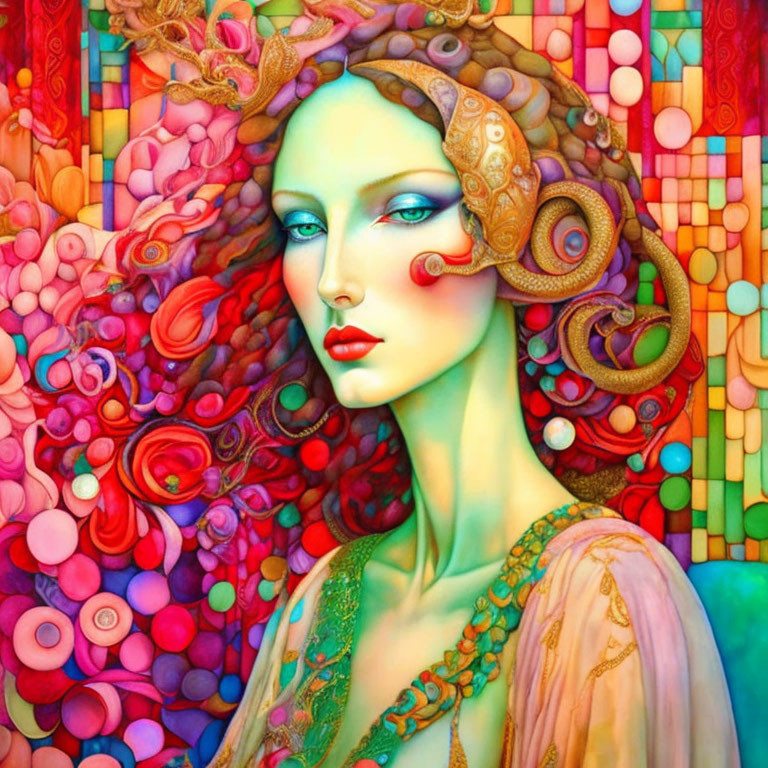 Colorful Woman with Swirling Patterns and Octopus-Like Creature