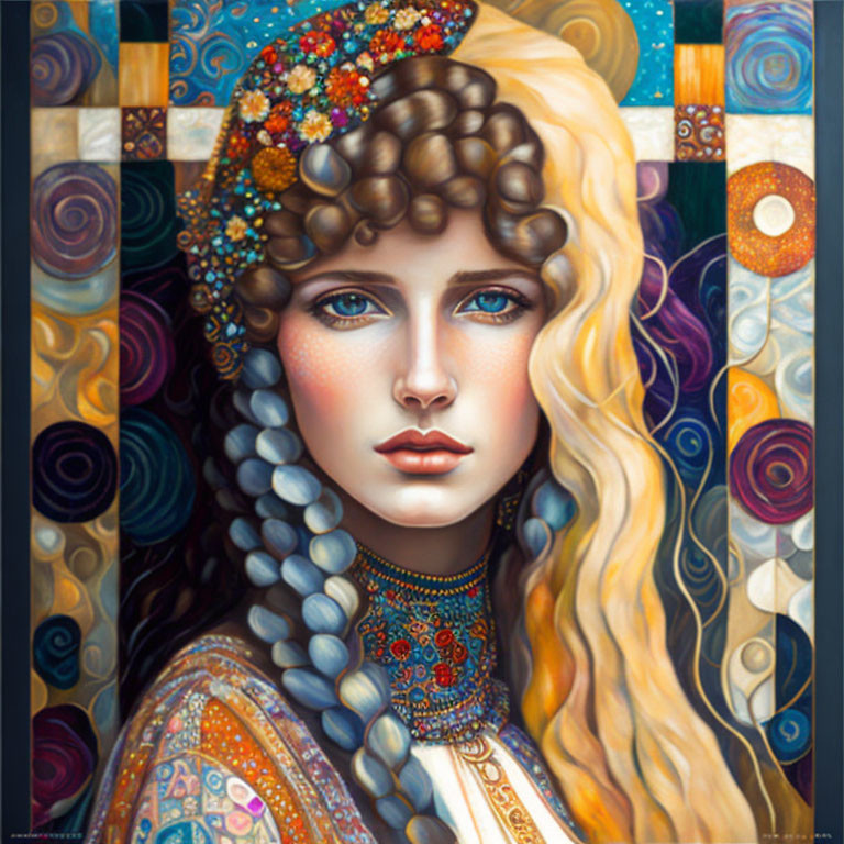 Colorful artwork featuring woman with intricate patterns and stylized motifs