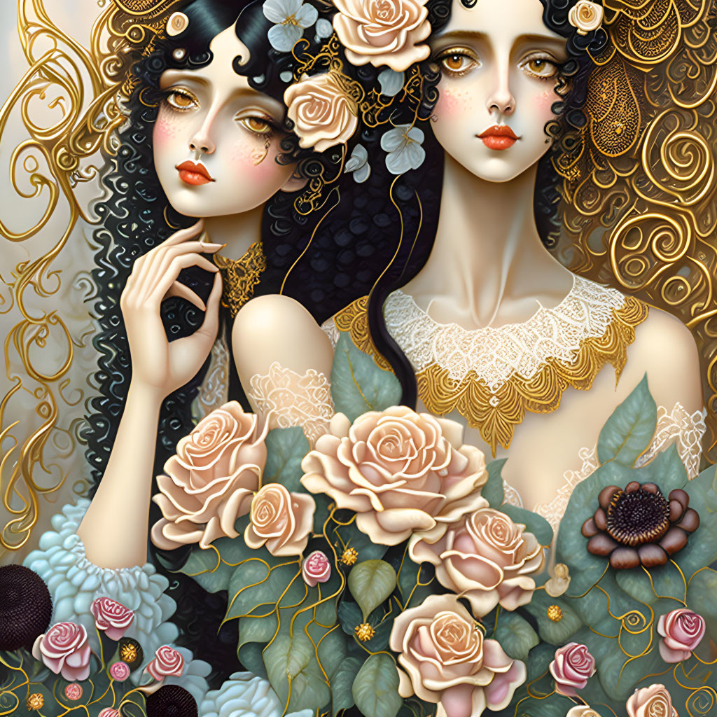 Art Nouveau style illustration of two women with pale skin and dark hair surrounded by golden patterns and pink