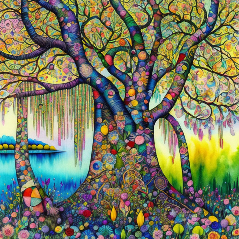 Colorful Twisting Tree Illustration in Lush Fantasy Landscape