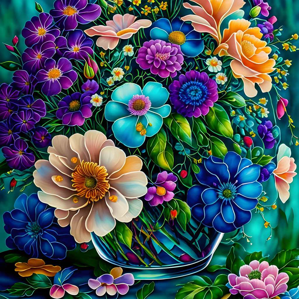 Colorful Flowers in Vase Against Dark Green Background