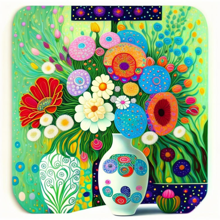 Colorful Flower Vase Artwork on Green Background