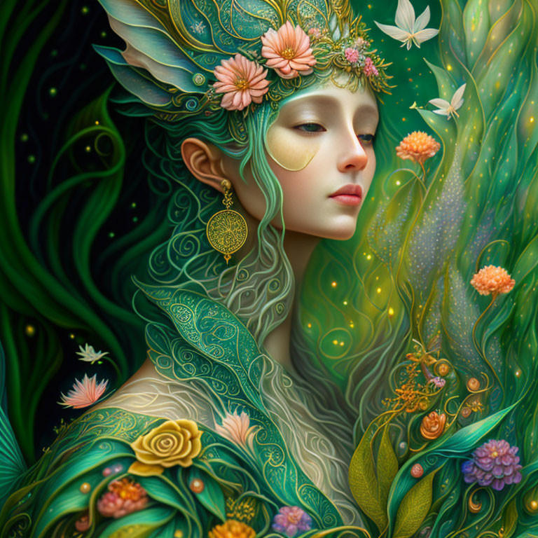 Woman with Elaborate Floral Headdress in Fantastical Portrait