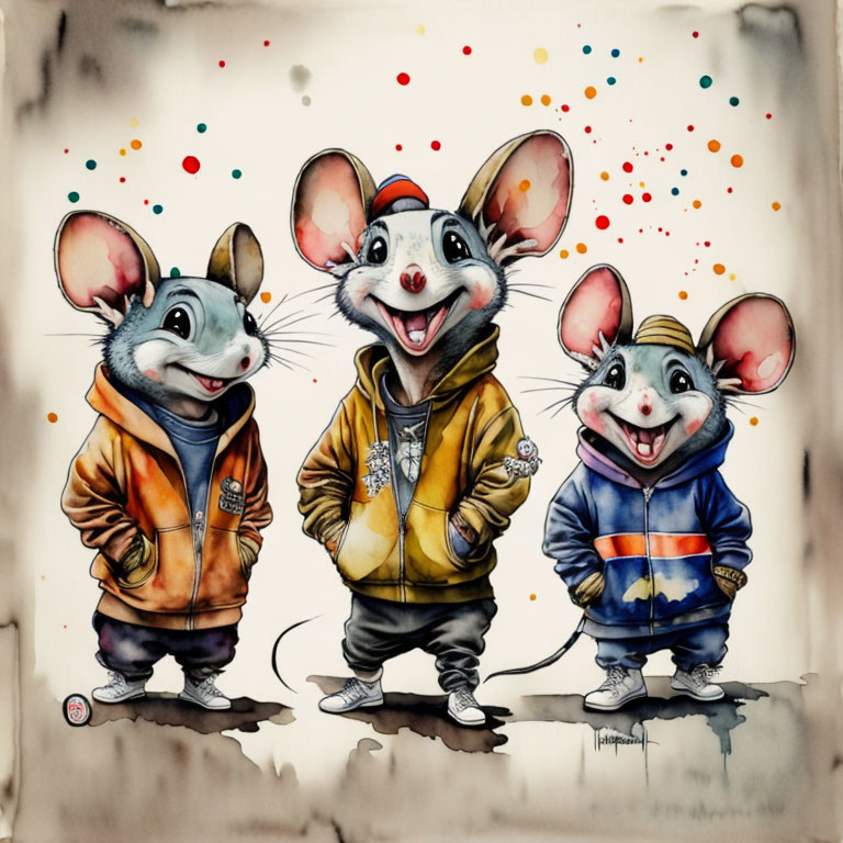 Anthropomorphic mice in urban attire with colorful artistic backdrop