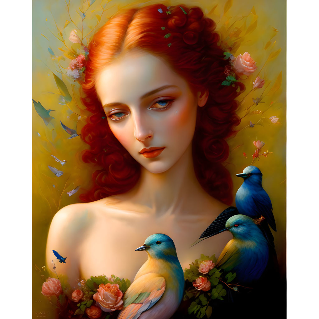 Woman with Red Hair Surrounded by Flowers and Bluebirds Portrait