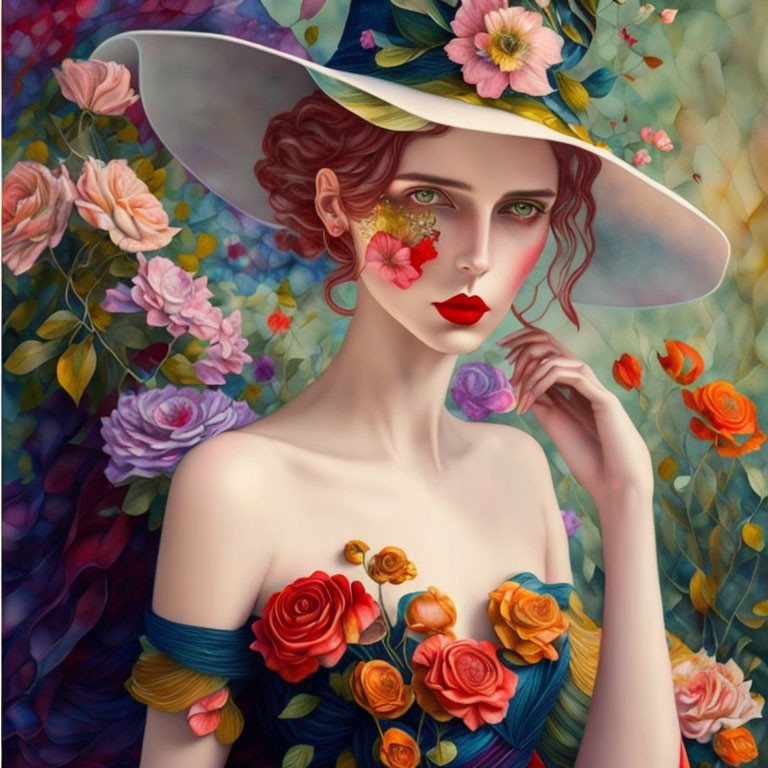 Digital Artwork: Woman with Red Lips and Flower-Adorned Hat