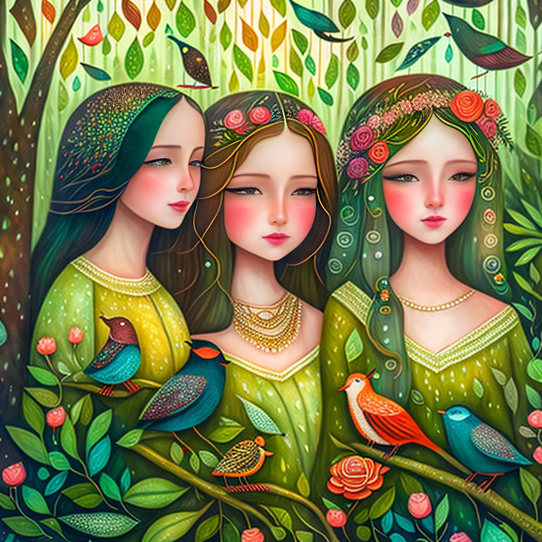 Illustrated women with floral headpieces in nature scene