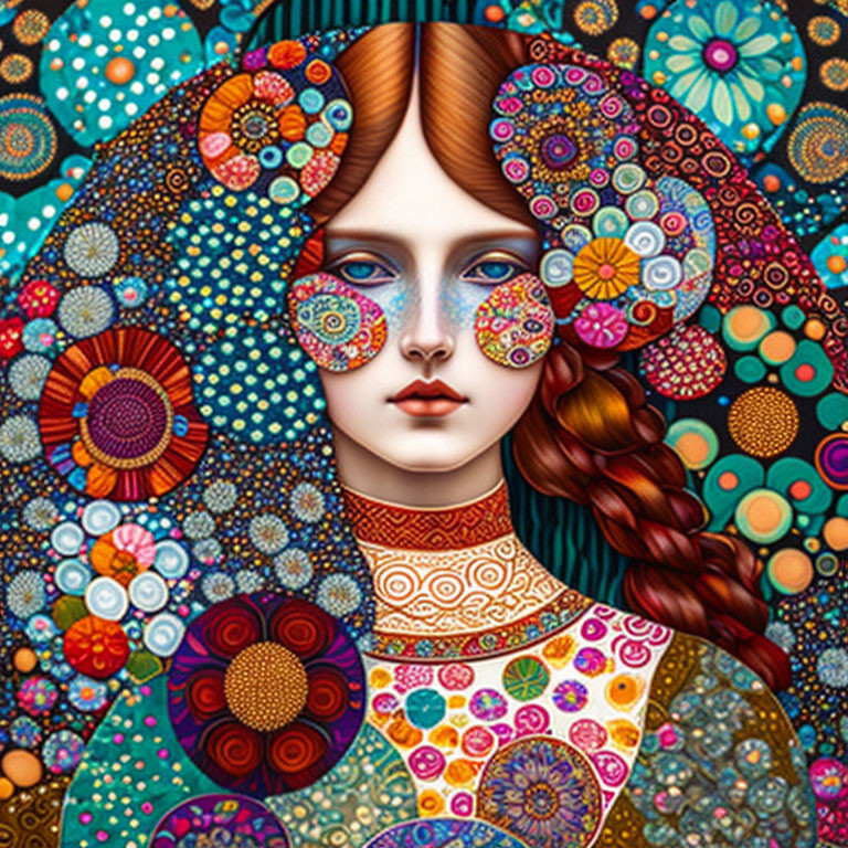 Colorful Woman Artwork with Floral and Mosaic Designs