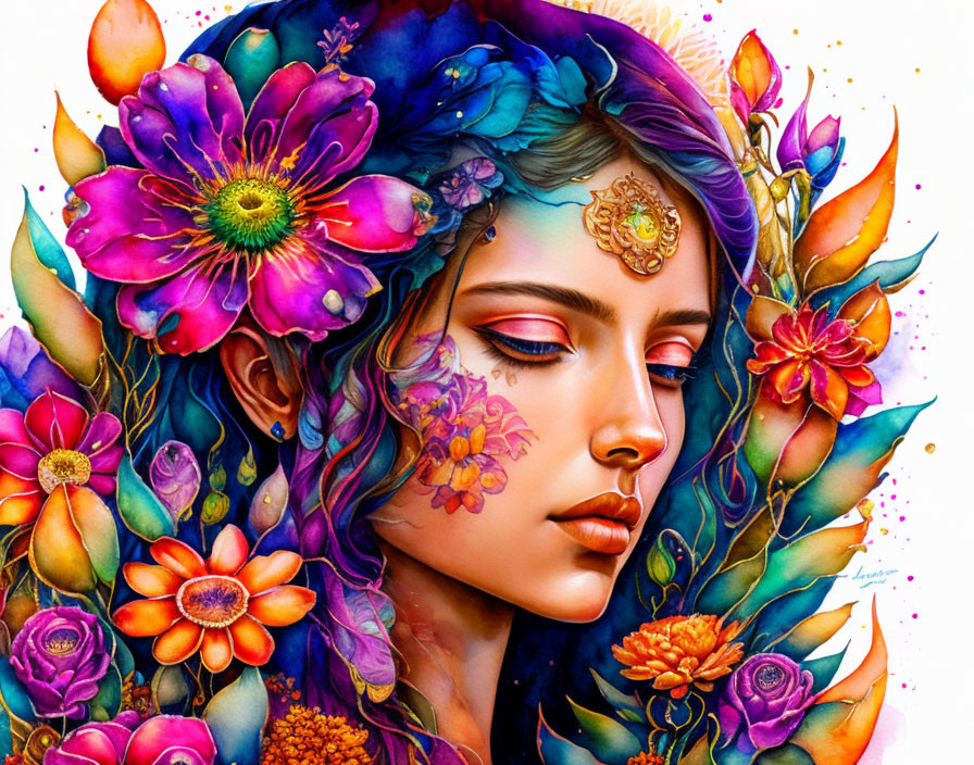 Colorful woman portrait with blue hair and floral elements - nature-inspired artwork