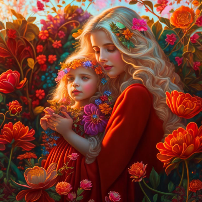 Woman and child with flower crowns in red cloaks amid lush flowers