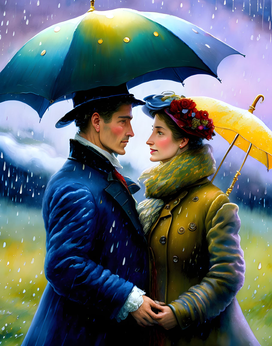 Illustration of couple with blue and yellow umbrellas in the rain