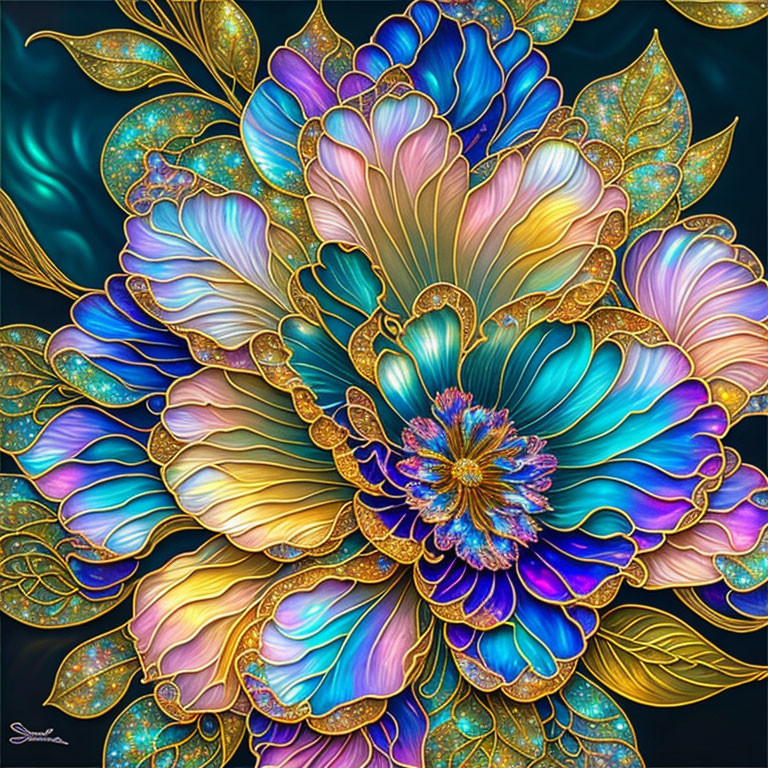 Detailed digital artwork of ornate stylized flower with gold detailing in rich blues, purples,