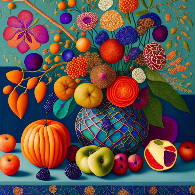 Colorful still life with stylized fruits on rich blue background