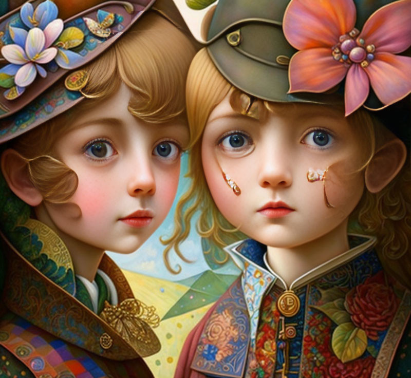 Stylized portraits of children with expressive eyes and colorful clothing