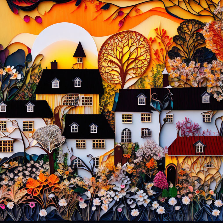 Vibrant artwork of village scene with stylized houses and lush flora at sunset