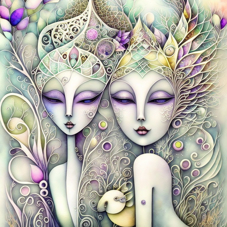 Colorful Stylized Image of Two Serene Faces with Elaborate Headdresses and Floral Mot