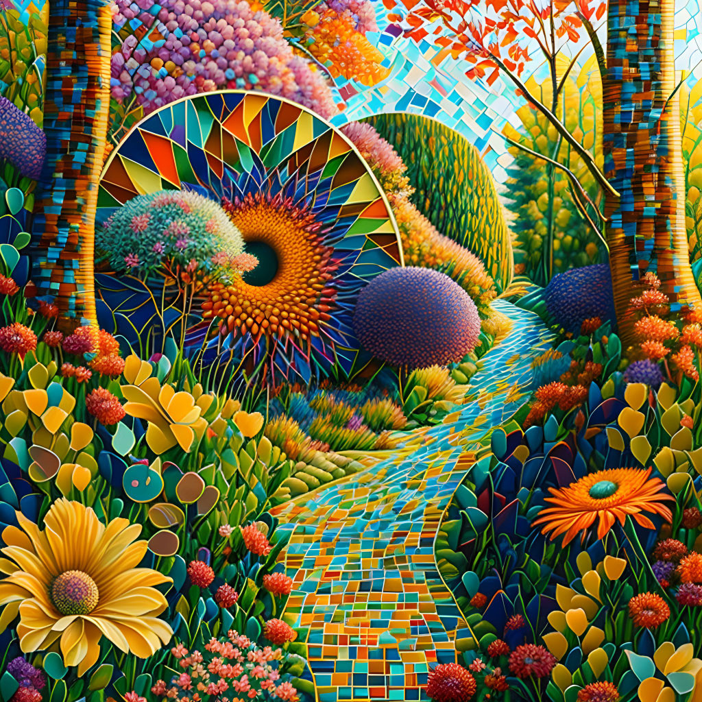 Colorful mosaic path in fantastical garden with geometric plants and spiral sun