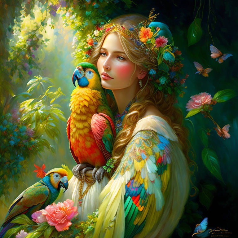 Woman with floral crown surrounded by parrots, butterflies, and lush greenery.