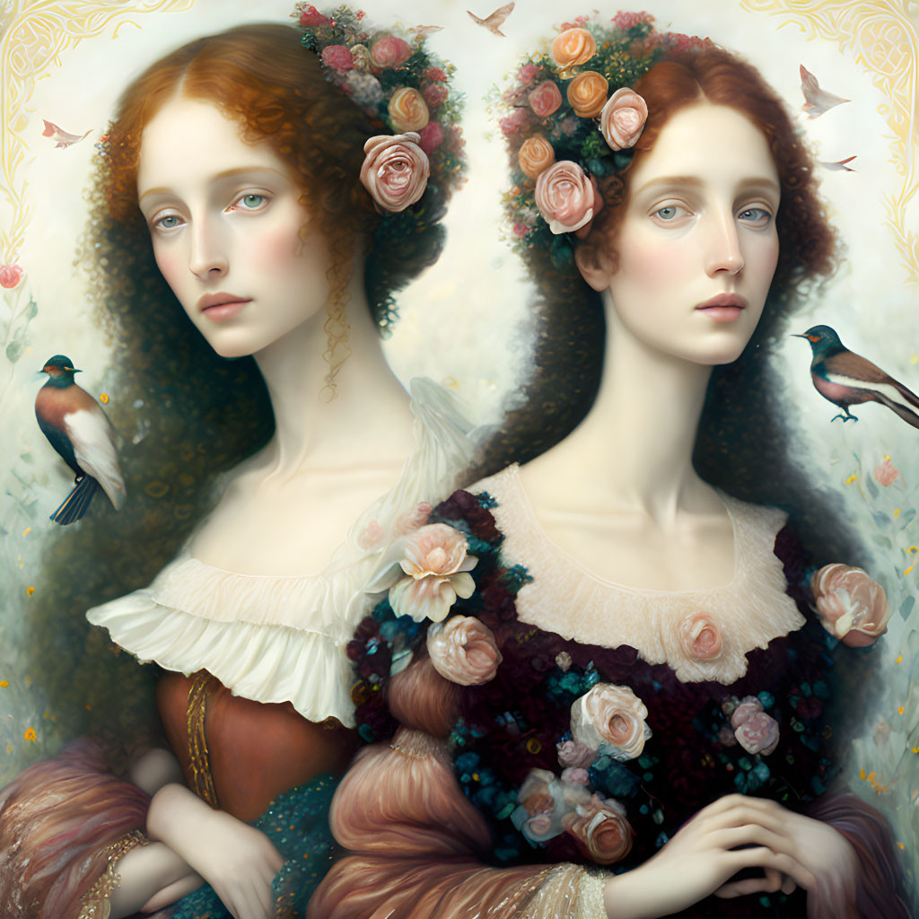 Two women with red hair and floral adornments in vintage style, one looking away, the other looking