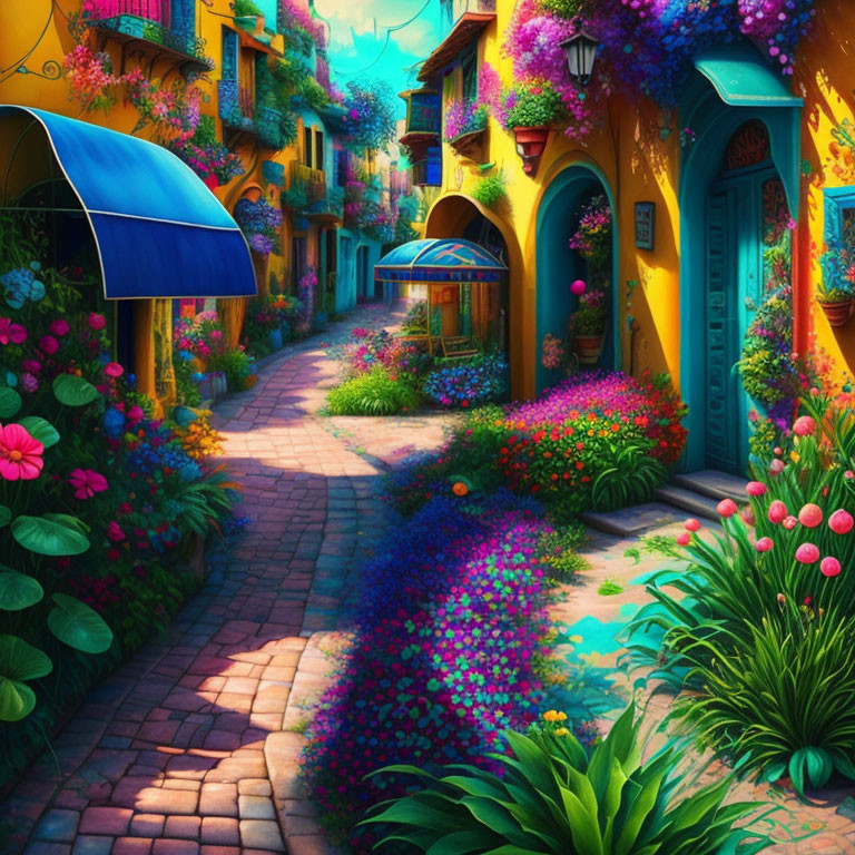 Colorful Cobblestone Alley with Yellow Buildings and Flowers