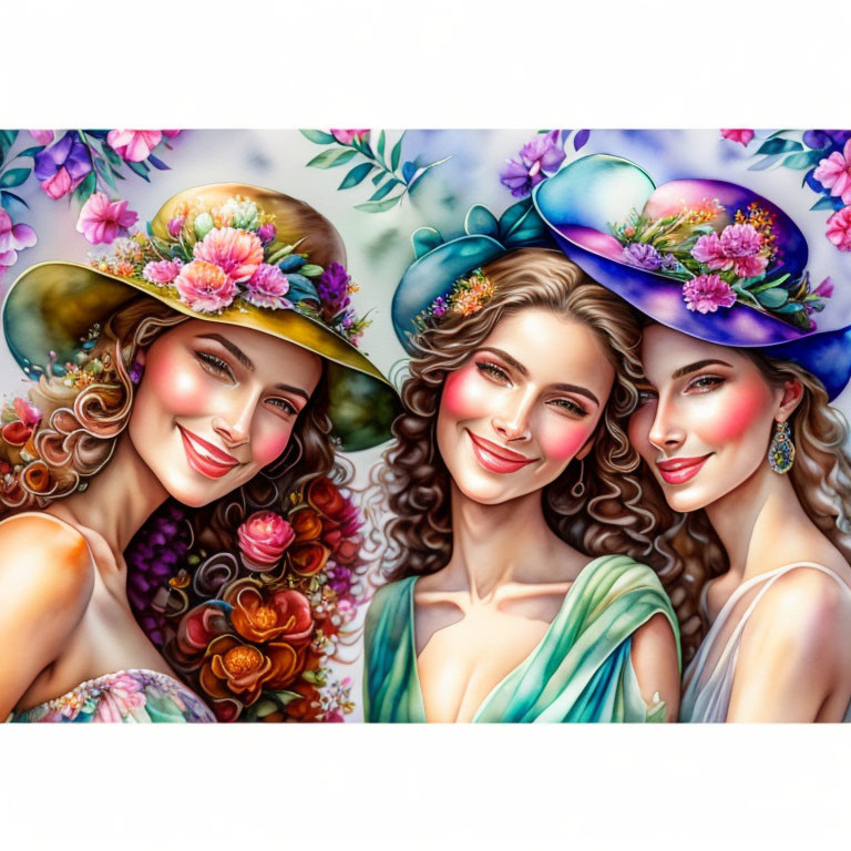 Three women in decorative hats with flowers, smiling in front of floral backdrop