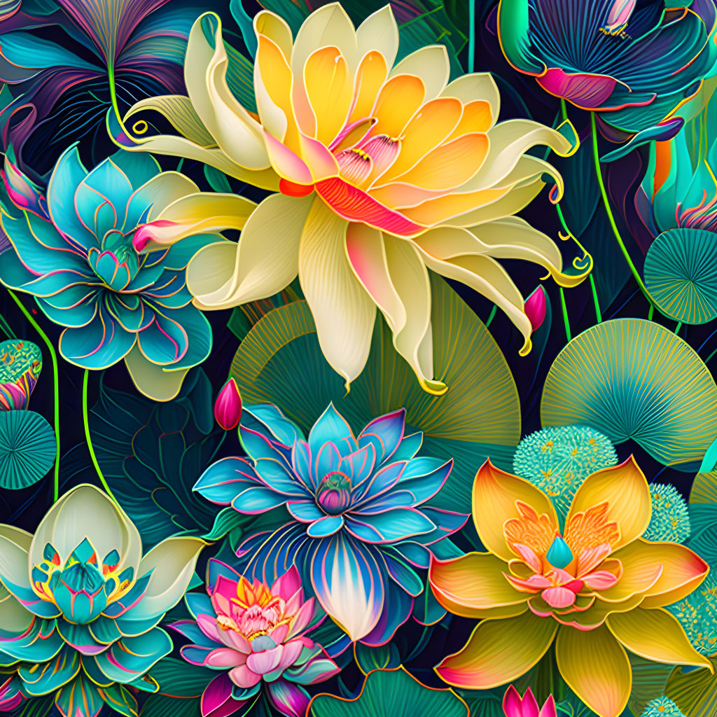 Colorful Stylized Flower Illustration in Blues, Greens, and Yellows