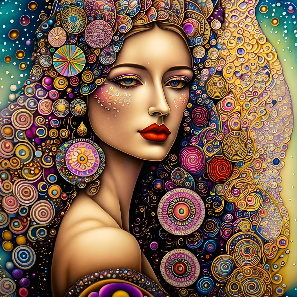 Colorful Stylized Portrait with Intricate Circular Patterns