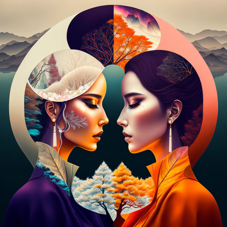 Stylized female figures in profile with nature scenes against mountain backdrop