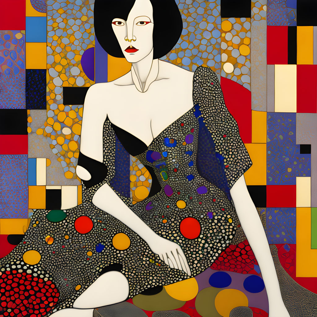 Pale-skinned woman in polka-dotted dress against colorful background