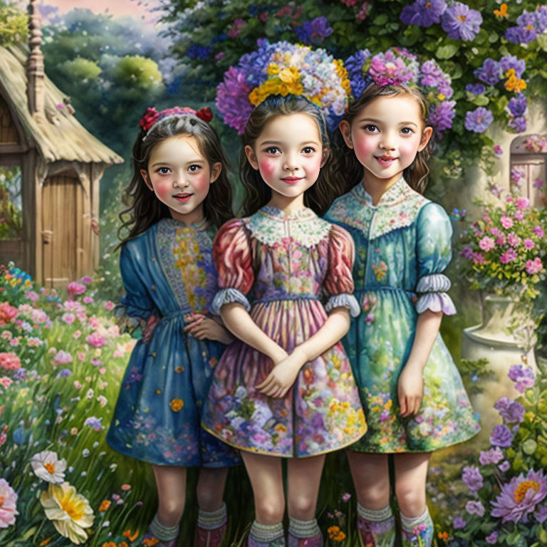 Three young girls in floral dresses in lush garden setting