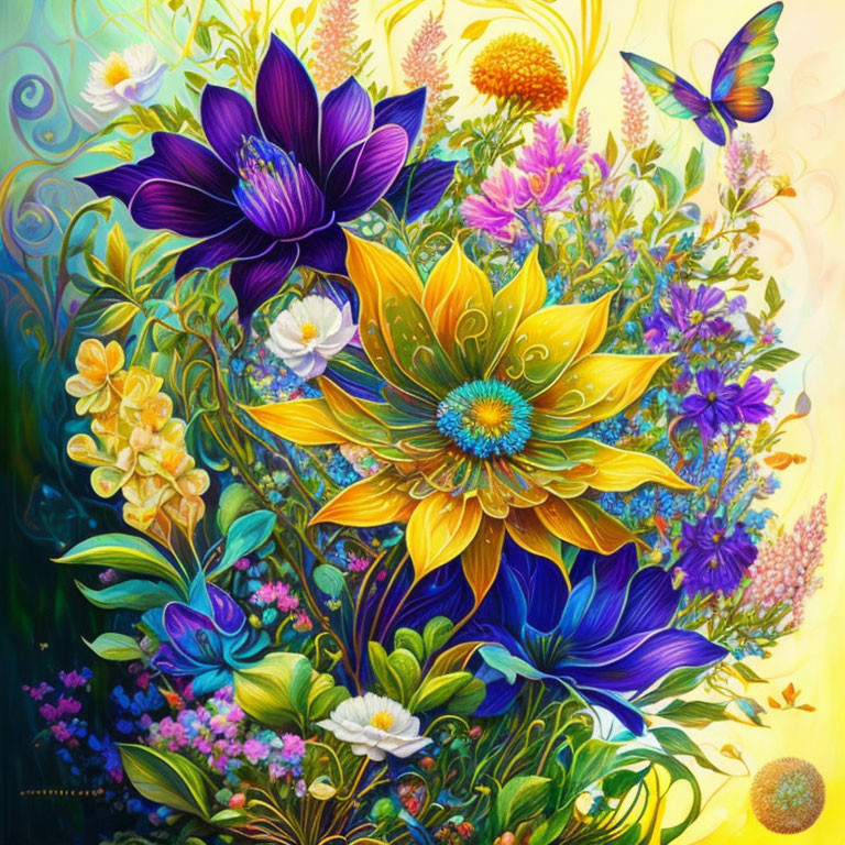 Colorful Painting of Blooming Flowers and Butterflies