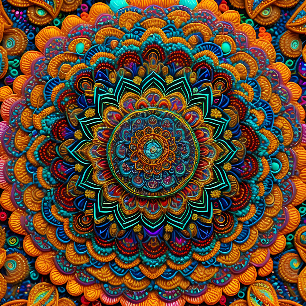 Colorful Symmetrical Mandala Design in Rich Blues, Oranges, and Greens