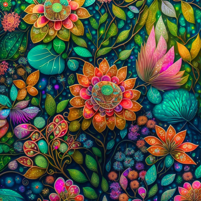 Colorful digital artwork featuring stylized flowers and leaves with intricate patterns.