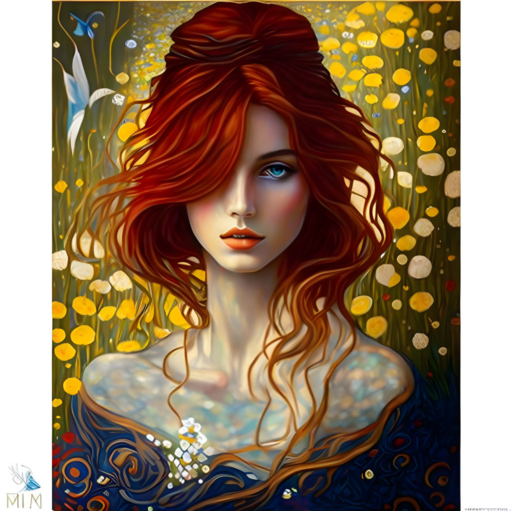 Digital Art: Woman with Red Hair and Blue Eyes in Blue Dress on Floral Background