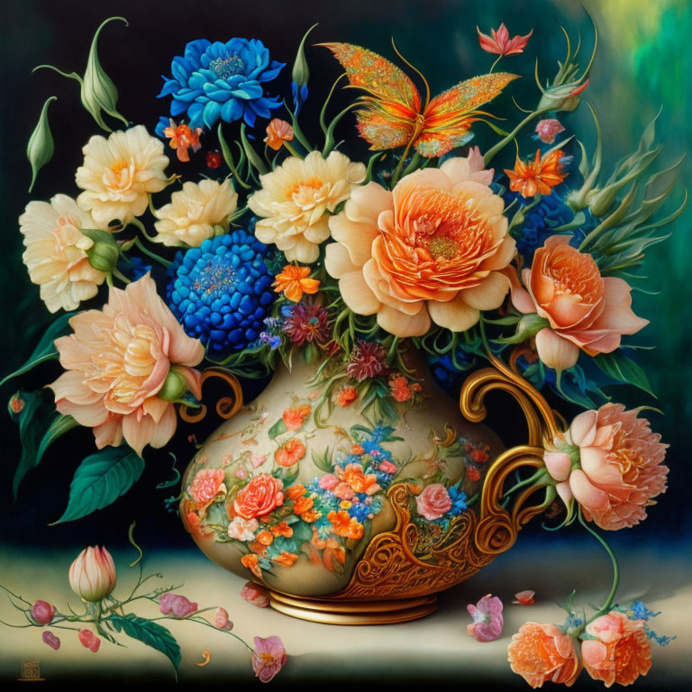 Colorful Still-Life Painting with Golden Vase and Flowers