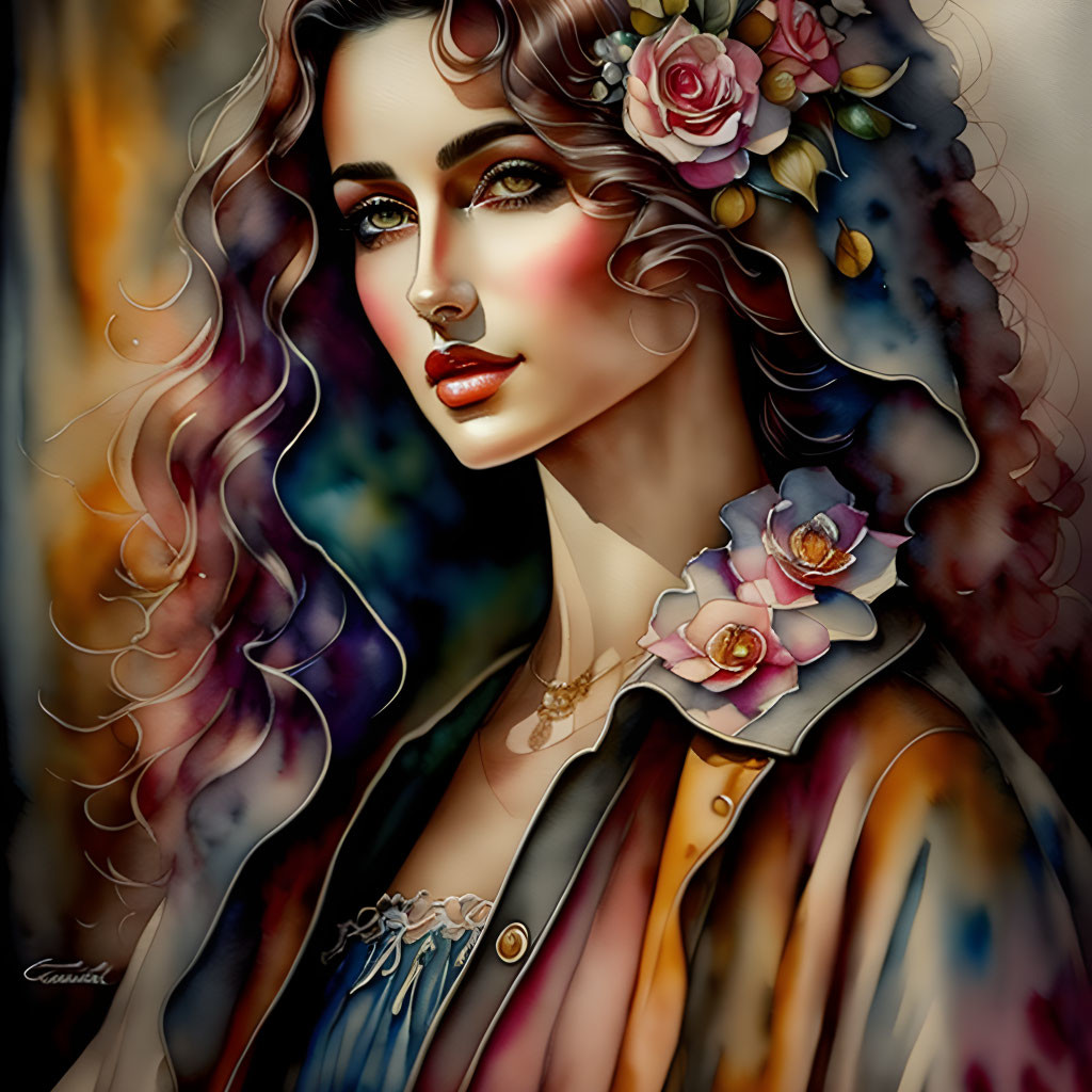 Vibrant illustration: Woman with curly hair and roses in colorful brushstrokes