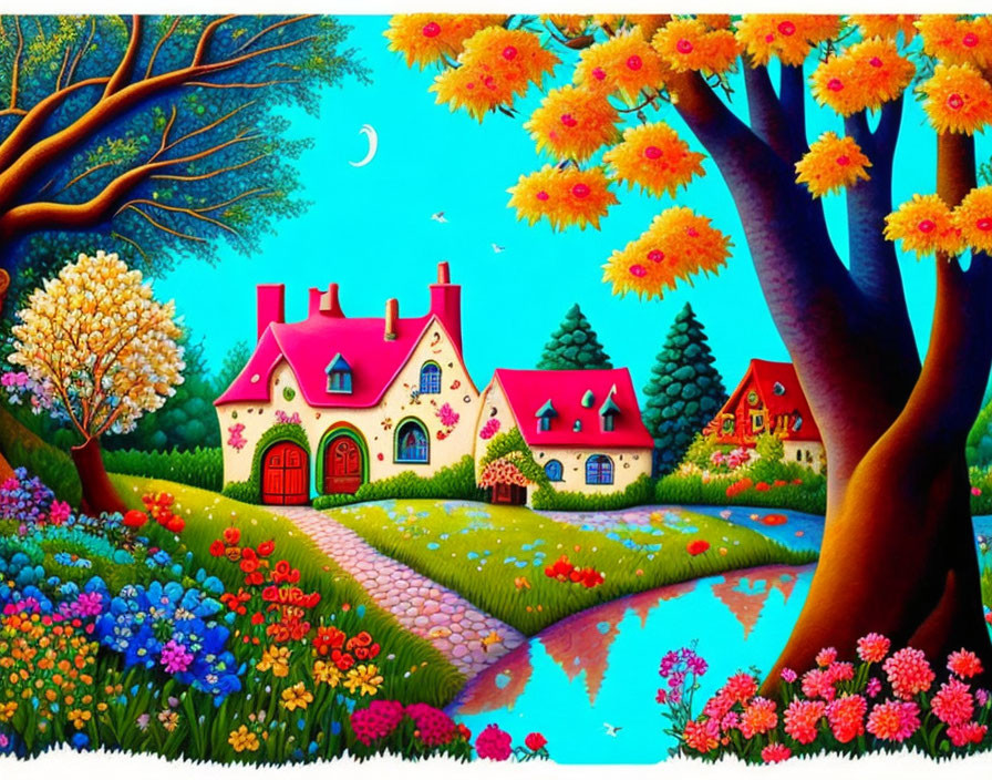 Fantasy landscape with whimsical cottages, colorful flora, winding river