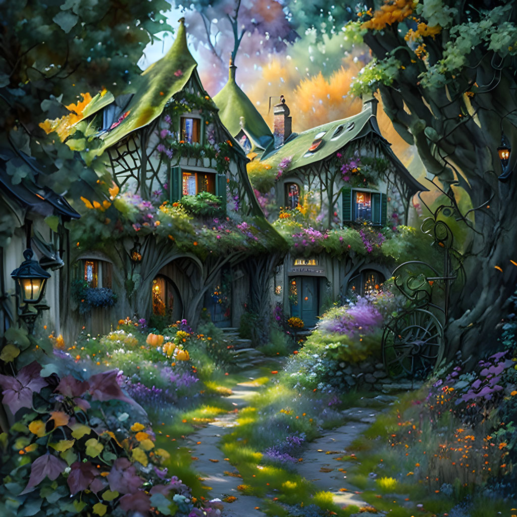 Twilight scene of enchanted forest cottages with glowing windows