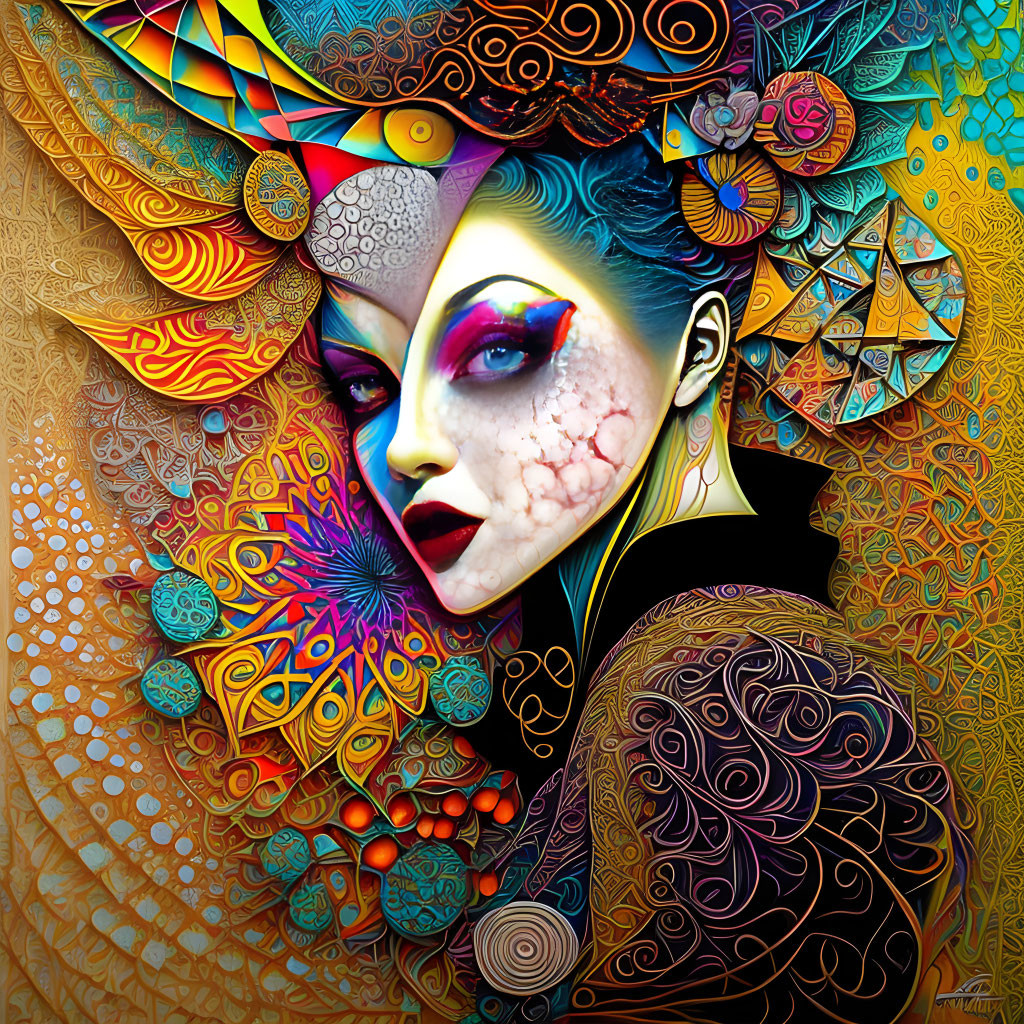 Abstract, vibrant artwork of a stylized female face with intricate patterns and vivid colors