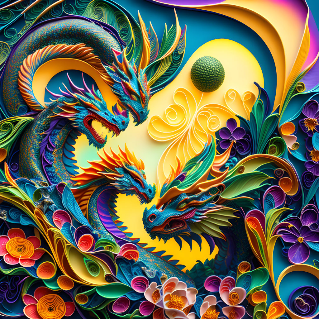 Colorful Dragons in Whimsical Digital Artwork