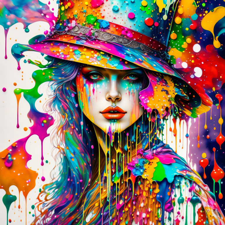 Colorful abstract artwork featuring person with paint drips on face and hat